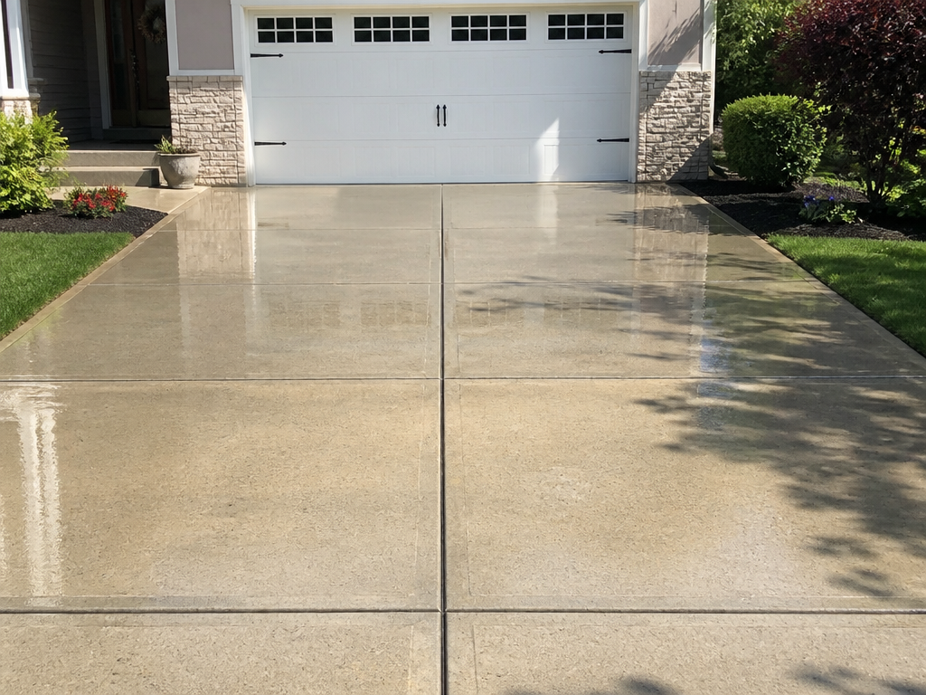 Clean concrete driveway after pressure washing